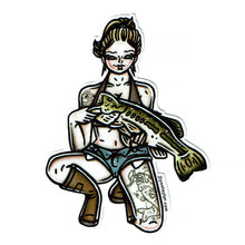 Load image into Gallery viewer, American traditional tattoo flash illustration Bass Fishing Pinup watercolor sticker.