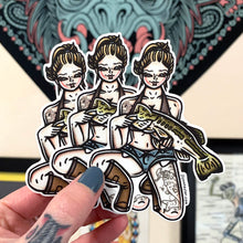 Load image into Gallery viewer, American traditional tattoo flash illustration Bass Fishing Pinup watercolor sticker.
