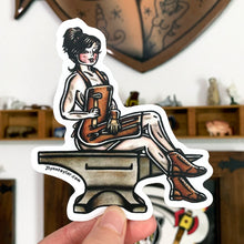 Load image into Gallery viewer, American traditional tattoo flash Blacksmith Pinup watercolor sticker.