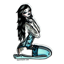 Load image into Gallery viewer, American traditional tattoo flash illustration Blue Lingerie Pinup watercolor sticker.