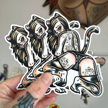 Load image into Gallery viewer, American traditional tattoo flash Calico Kitten Pinup watercolor vinyl stickers.