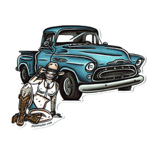 Load image into Gallery viewer, American traditional tattoo flash illustration classic 1950s Chevrolet Pickup Pinup watercolor sticker.