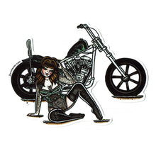Load image into Gallery viewer, American traditional tattoo flash illustration Cone Shovelhead Chopper Pinup watercolor sticker.