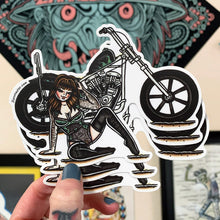 Load image into Gallery viewer, American traditional tattoo flash illustration Cone Shovelhead Chopper Pinup watercolor sticker.