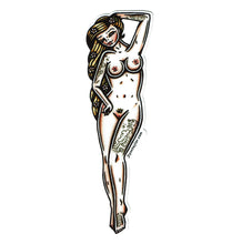 Load image into Gallery viewer, American traditional tattoo flash Flowers in Her Hair nude blonde Pinup watercolor sticker.