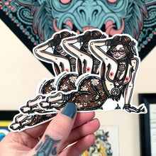 Load image into Gallery viewer, American traditional tattoo flash illustration topless Hippie Pinup watercolor sticker.