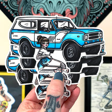 Load image into Gallery viewer, American traditional tattoo flash illustration classic International Harvester Scout Pinup watercolor sticker.