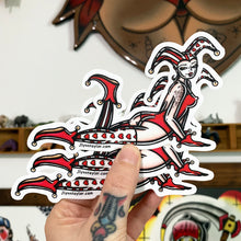 Load image into Gallery viewer, American traditional tattoo flash illustration Harlequin Jester Pinup watercolor stickers.
