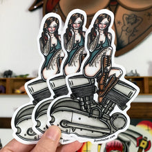 Load image into Gallery viewer, American Traditional tattoo flash illustration Harley Motorcycle K-Model Engine Pinup watercolor sticker.