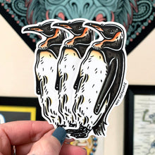 Load image into Gallery viewer, American traditional tattoo flash wildlife illustration King Penguin watercolor sticker.