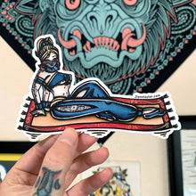 Load image into Gallery viewer, American traditional tattoo flash illustrationMagic Carpet Genie Pinup watercolor sticker.