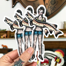 Load image into Gallery viewer, American traditional tattoo flash illustration Muskie Fishing Pinup watercolor stickers.
