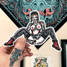 Load image into Gallery viewer, American traditional tattoo flash illustration Naughty Skinbyrd Pinup watercolor sticker.