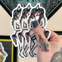 Load image into Gallery viewer, American traditional tattoo flash illustration lesbian naughty unicorn cosplay Pinup watercolor sticker.