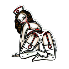 Load image into Gallery viewer, American traditional tattoo flash illustration Naughty Nurse Pinup watercolor sticker.