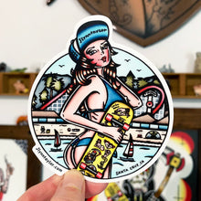 Load image into Gallery viewer, American traditional tattoo flash Santa Cruz Beach Boardwalk Skateboard Pinup watercolor sticker.