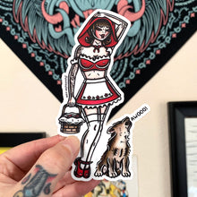 Load image into Gallery viewer, American traditional tattoo flash illustration Little Red Riding Hood Cosplay Pinup watercolor sticker.