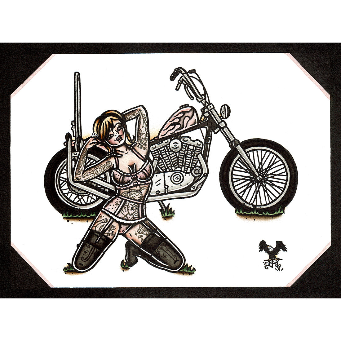 1971 Ironhead Chopper Pinup (Pink with Flames) Original Painting