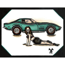 Load image into Gallery viewer, American traditional tattoo flash illustration 1969 Chevrolet Corvette Sting Pinup watercolor painting.