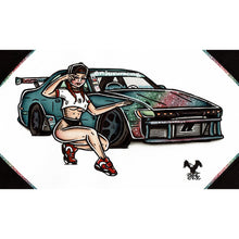 Load image into Gallery viewer, American Traditional tattoo flash illustration Bear Dellinger Nissan Silva S13 Drift Car Pinup commissioned watercolor painting.