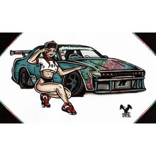 Load image into Gallery viewer, American Traditional tattoo flash illustration Bear Dellinger Nissan Silva S13 Drift Car Pinup commissioned watercolor painting.