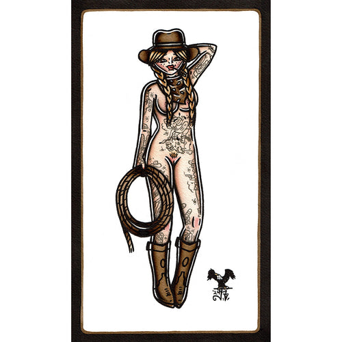 American traditional tattoo flash Nude Rope Cowgirl Pinup watercolor painting.