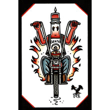 Load image into Gallery viewer, American traditional tattoo flash illustration Tapatio Bottle Riding a Chopper watercolor painting.
