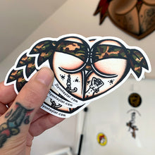 Load image into Gallery viewer, American traditional tattoo flash Woodland Camouflage Scrunch butt Booty Heart watercolor sticker.