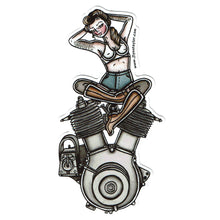 Load image into Gallery viewer, American Traditional tattoo flash sexy Harley Davidson motorcycle vintage 1909 V-twin engine pinup sticker.