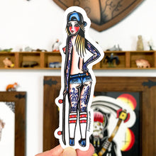 Load image into Gallery viewer, American traditional tattoo flash skateboard pinup watercolor sticker.