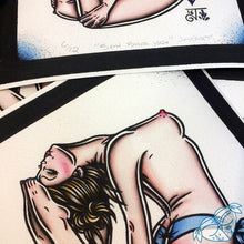Load image into Gallery viewer, tattoo flash topless yoga pinup watercolor prints close up