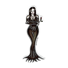 Load image into Gallery viewer, American Traditional tattoo flash illustration Morticia Addams Cara Mia pinup watercolor sticker.
