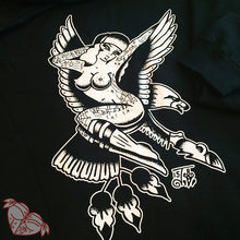 Load image into Gallery viewer, Tattoo style eagle and pinup on black mens hoodie close up.