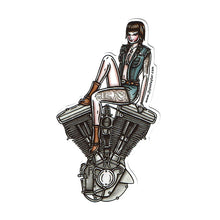 Load image into Gallery viewer, American Traditional tattoo flash illustration Harley Motorcycle Evolution Engine Pinup watercolor sticker.