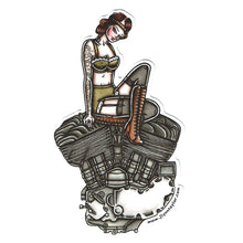 Load image into Gallery viewer, American Traditional tattoo flash sexy Harley Davidson motorcycle vintage Flathead engine pinup sticker.