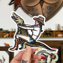 Load image into Gallery viewer, American traditional tattoo flash Alligator Wrestler Pinup watercolor sticker.