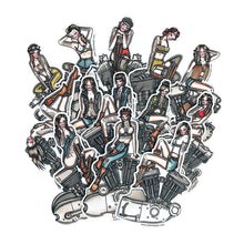 Load image into Gallery viewer, American traditional tattoo flash Harley motorcycle engine Pinup watercolor stickes.