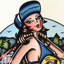 Load image into Gallery viewer, American Traditional tattoo style Santa Cruz skateboard pinup print.