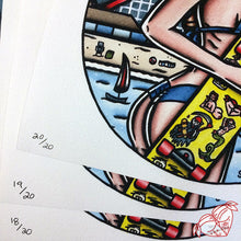 Load image into Gallery viewer, American Traditional tattoo style Santa Cruz skateboard pinup print.