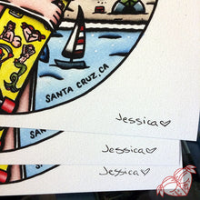 Load image into Gallery viewer, American Traditional tattoo style Santa Cruz skateboard pinup prints.