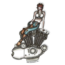 Load image into Gallery viewer, Tattoo flash style Harley Davidson Ironhead engine pinup sticker.
