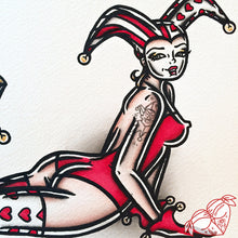 Load image into Gallery viewer, American Traditional tattoo flash sexy jester pinup spitshade painting.