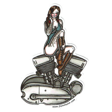 Load image into Gallery viewer, Tattoo flash style Harley Davidson K-Model engine pinup sticker.
