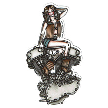 Load image into Gallery viewer, American Traditional tattoo flash sexy Harley Davidson motorcycle vintage Knucklehead engine pinup sticker.