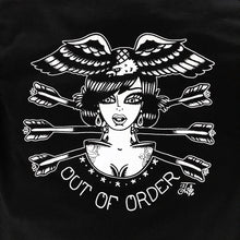 Load image into Gallery viewer, Tattoo style lady head with eagle and arrows reading Out Of Order on black t-shirt.