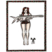 Load image into Gallery viewer, American Traditional tattoo flash Paddlefish Pinup commissioned watercolor painting.