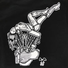 Load image into Gallery viewer, T-shirt with tattoo style pinup laying on Panhead engine.