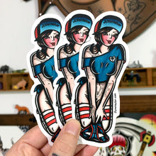 Load image into Gallery viewer, American traditional tattoo flash Panty Dropper Skateboard Pinup watercolor sticker.