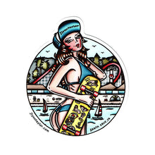 Load image into Gallery viewer, American traditional tattoo flash Santa Cruz Beach Boardwalk Skateboard Pinup watercolor sticker.