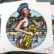 Load image into Gallery viewer, American Traditional tattoo style Santa Cruz skateboard pinup prints.